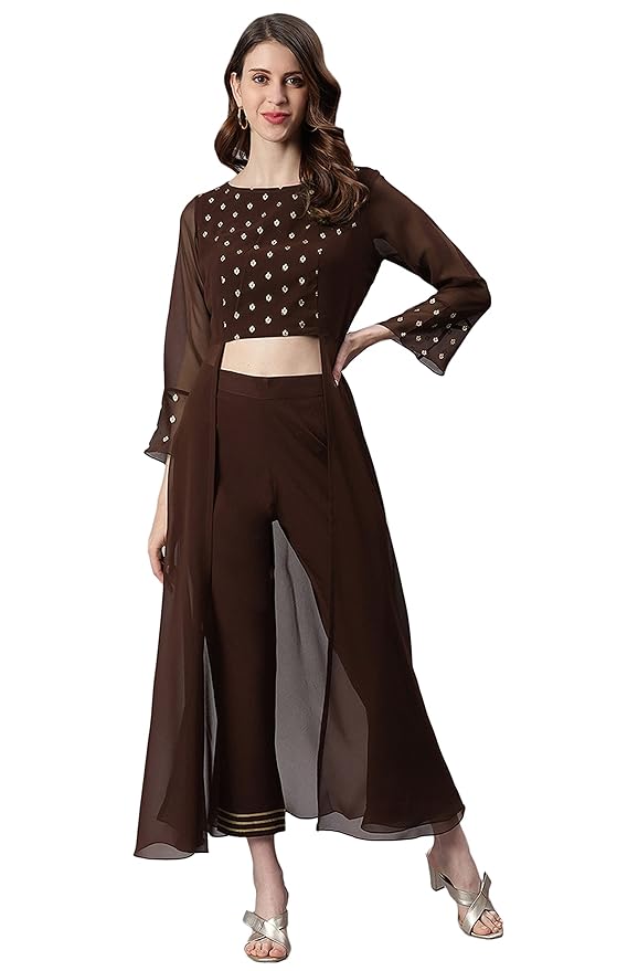 Women's Brown Georgette Ethnic Motifs Kurta Set